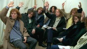 The Jonathan Creek fan club all raise their hands so they can ask a question